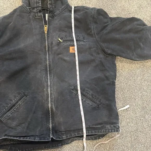 Y2K Distressed Carhartt J141 Black Men's Canvas Sherpa Lined Hooded Work Coat XL - Picture 5 of 10